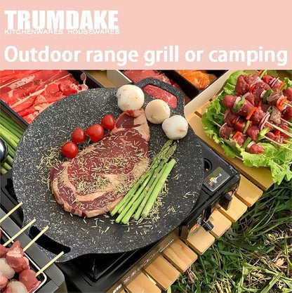 13" Korean Grill Pan with Silicone Mitts - Lightweight Non-Stick Aluminum BBQ Griddle for Indoor & Outdoor Cooking, 6-Layer Coating, Works on Induction Gas Electric Stovetops