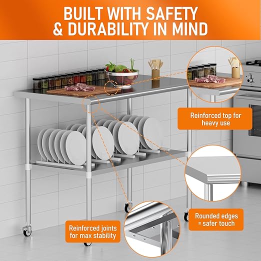 Stainless Steel Table with Wheels 30" x 48" Utility Worktable with Adjustable Undershelf for Commercial Kitchen, Garage, Restaurant