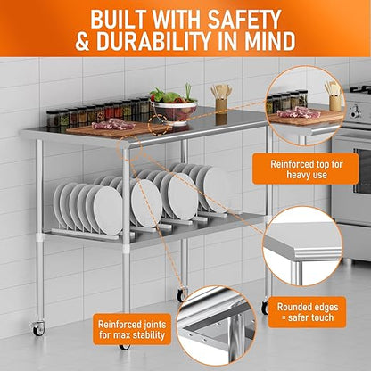 Stainless Steel Table with Wheels 30" x 48" Utility Worktable with Adjustable Undershelf for Commercial Kitchen, Garage, Restaurant
