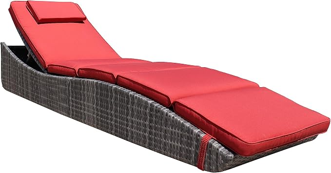 BTEXPERT Set of 2,Foldable Outdoor Chaise Pool Lounge Chair Folding Wicker Rattan Sun Bed Patio Couch Reclining Lounger Adjustable Padded Backrest Pillow Assembled - Red Burgundy