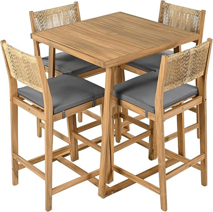Christopher Knight Home Barron 5-Piece Acacia Wood Patio Bar Set, Patio Bar Table and Stools Set, Soft Seat Cushions, Rattan/Wicker Dining Set for Garden, Backyard, Poolside, Balcony,Teak + Dark Gray