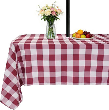 SquarePie Outdoor Tablecloth with Umbrella Hole and Zipper Rectangle Waterproof Gingham Table Cloth Spillproof Table Cover for Camping Picnic Patio Poolside Garden BBQS, 52x70 Burgundy Red Checkered