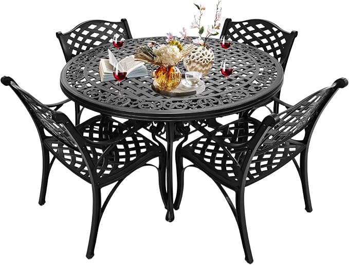 48.23" Patio Dinning Table, All-Weather Cast Aluminum Table with 2.36" Umbrella Hole, Patio Furniture, Outdoor Dining Table for Backyard and Poolside