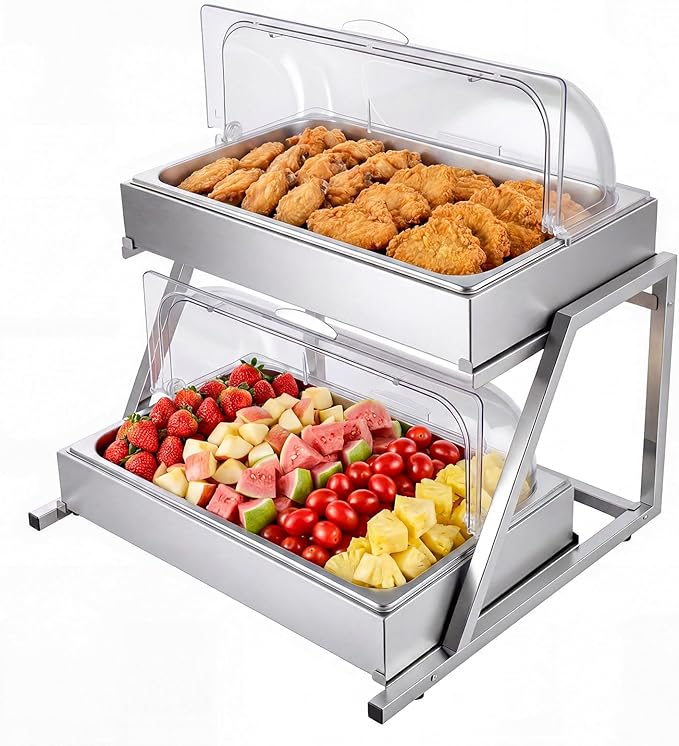 VEVOR Countertop Food Serving Display Container, 2 Tier Stainless Steel Food Salad Server Tray, Buffet Condiment Dispenser, Ice Cooled Rack with Clear Roll Top Cover, for Restaurant Hotel (1/1 Pan x2)
