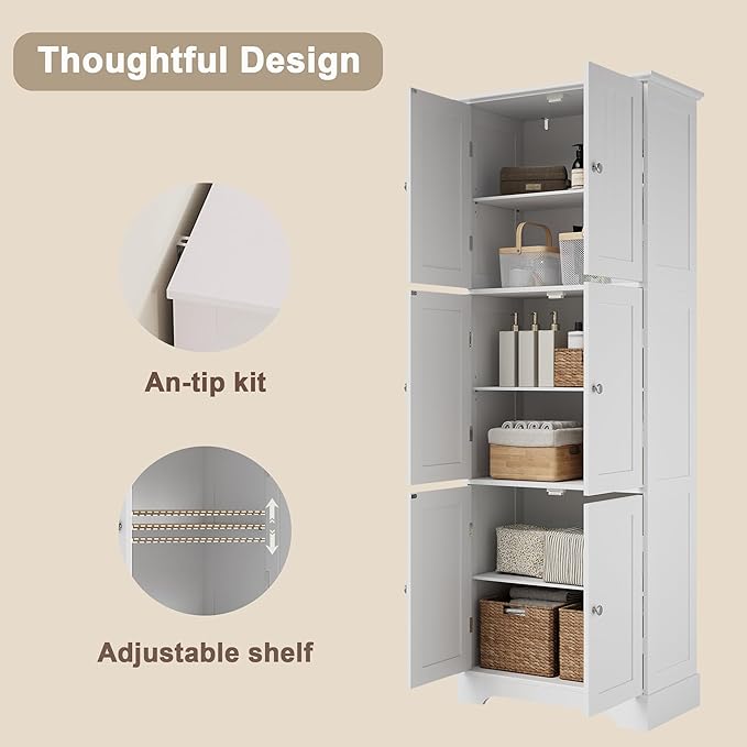 ChooChoo 63.2" Tall Bathroom Storage Cabinet with 6 Doors | Freestanding Floor Cabinet, Adjustable Shelves, Pantry Cabinet for Bathroom, Kitchen, Laundry Room, White