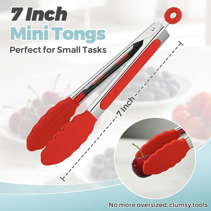 Small Cooking Tongs 7 inch Mini Serving Tongs with Silicone Tips, Set of 3 (Red + Green + Blue)