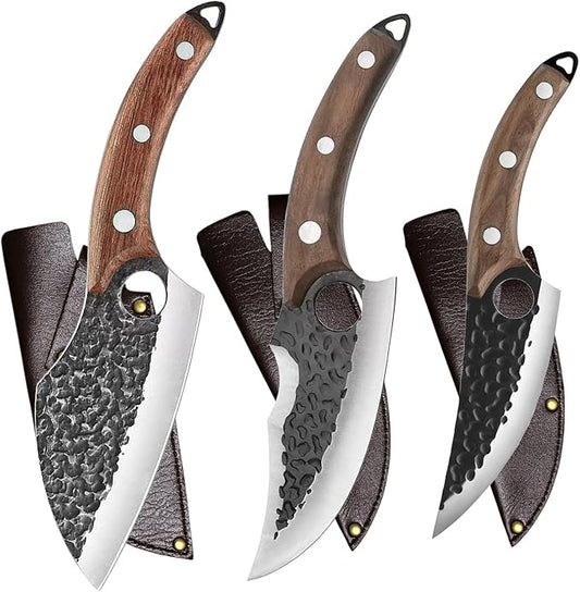 Handmade Forged Kitchen Knife 3 Pcs Professional Chef Knife Set, Hunting, BBQ Meat Knives for Cooking, Forged Kitchen Knife with High Carbon Stainless Steel Cutlery With Leather Sheaths