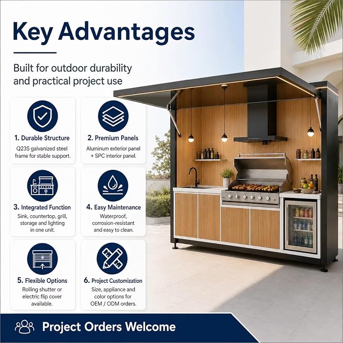 Outdoor Kitchen Island with Burner Gas Grill & Refrigerator, Modular BBQ Station with Rotisserie, Sink, Storage & Covered Roof – Premium Outdoor Kitchen Pod for Luxury Backyard, Villa, Resort