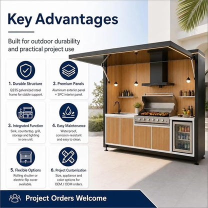 Outdoor Kitchen Island with Burner Gas Grill & Refrigerator, Modular BBQ Station with Rotisserie, Sink, Storage & Covered Roof – Premium Outdoor Kitchen Pod for Luxury Backyard, Villa, Resort