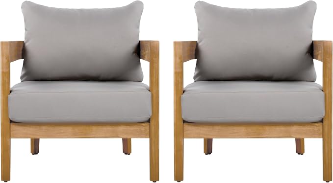 Christopher Knight Home Nadine Acacia Wood Club Chairs Set of 2, Outdoor Accent Chair, Tub Shape Design Armchair, Comfort Cushion Seating, Slat Open Back Reading Sofa for Balcony Garden, Teak+Gray