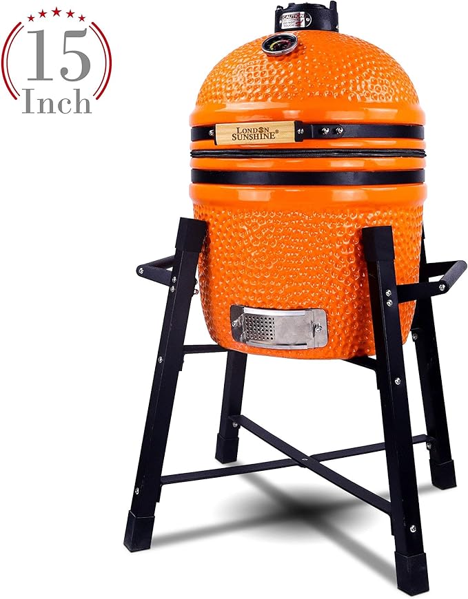 London Sunshine Ceramic Kamado Charcoal BBQ Grill and Smoker, Stainless Steel Grates -15" Ceramic with Tall Stand (ORANGE)