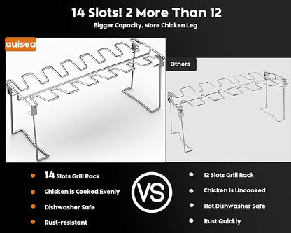 auisea Large Chicken Leg Rack for Grill 14 Slots with Drip Pan, Sturdy Stainless Steel Drumstick Holder for Oven & Smoker, Mirror-Finish for Easy Clean