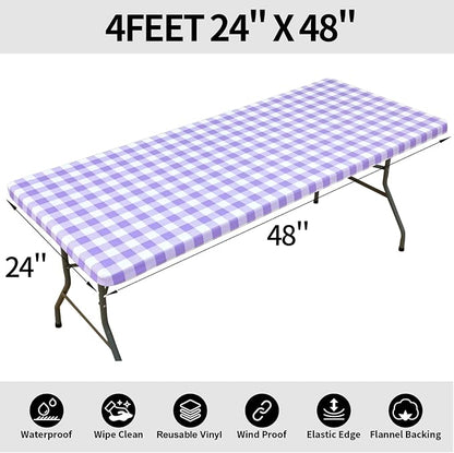 Smiry Rectangle Picnic Table Cloth, Elastic Waterproof Fitted Vinyl Tablecloths, Flannel Backed Buffalo Plaid Table Covers for Dining, Camping, Outdoor (White and Purple, 24" x 48")