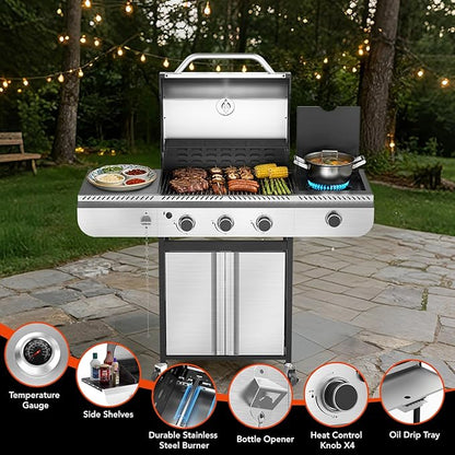 R.W.FLAME 3-Burner Gas Grill with Side Burner, 34000 BTU Propane BBQ Grill, Stainless Steel Outdoor Grill with Porcelain-Enameled Grates for Backyard, Patio, Camping