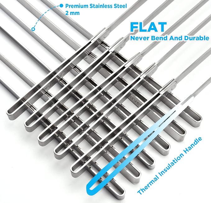 Innovative Thermal Insulation Handle BBQ Skewers Set - 6 Stainless Steel Wide BBQ Kebob Sticks For Grill - Flat Metal With 1 Food Remover Bar - 16.7' Inch Metal Kabob Skewers