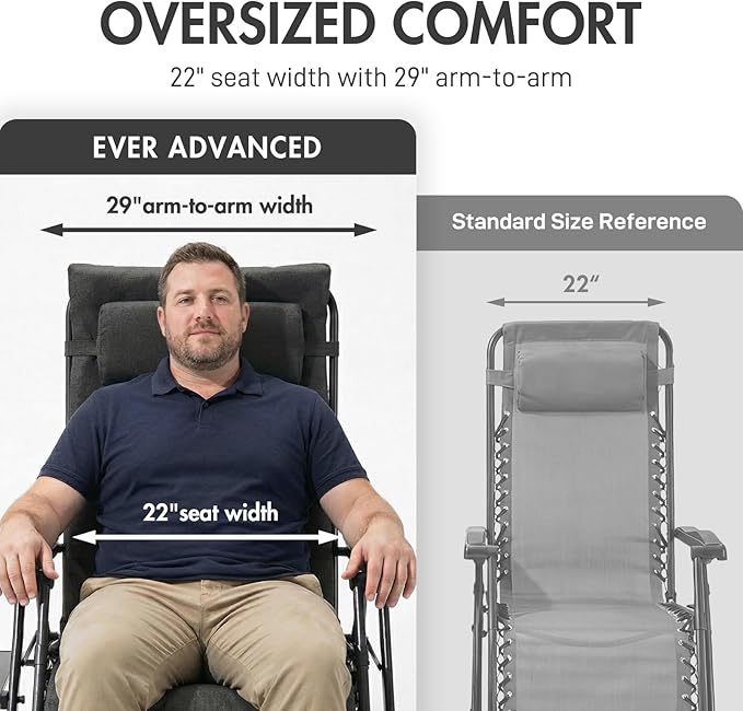 EVER ADVANCED Aluminum Zero Gravity Chair Oversized, 2.4" Thick Padded Reclining Lounge Chair with Adjustable Headrest & Side Table, Heavy Duty Support 350 lbs, Foldable for Outdoor & Indoor, Black