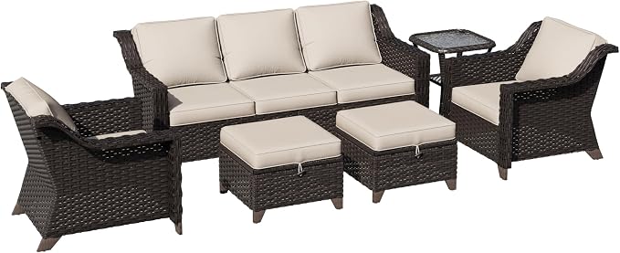 6 Piece Patio Furniture Set, Wicker Outdoor Conversation Set | Patio Chair Set with Olefin Removable Cushion, All-Weather Outdoor Couch with Deep Seat for Porch, Deck and Backyard, Beige
