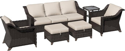 6 Piece Patio Furniture Set, Wicker Outdoor Conversation Set | Patio Chair Set with Olefin Removable Cushion, All-Weather Outdoor Couch with Deep Seat for Porch, Deck and Backyard, Beige