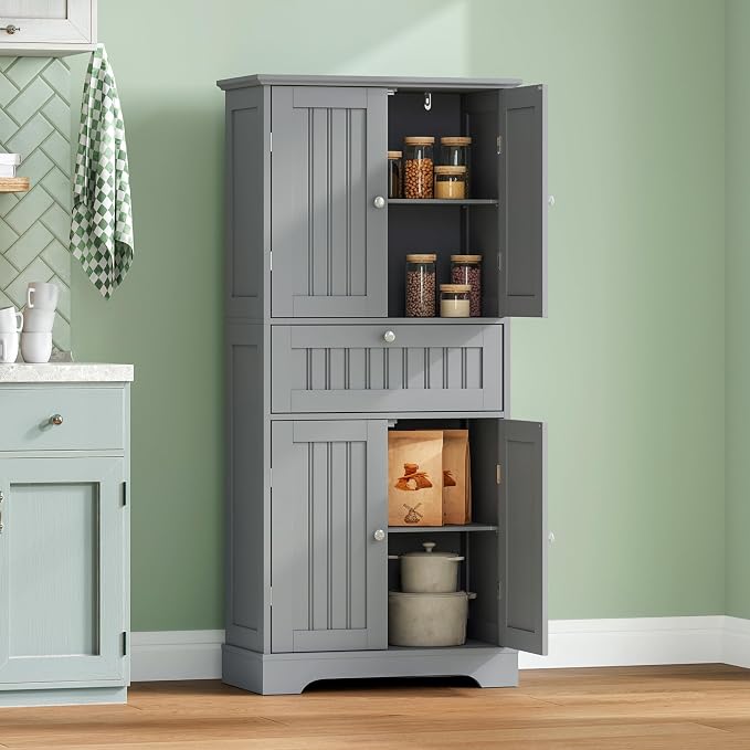 ChooChoo 51" H Bathroom Floor Cabinet with Drawers and Adjustable Shelves | Bathroom Storage Cabinet, Freestanding Kitchen Pantry Cupboard with 4 Doors for Living Room, Grey