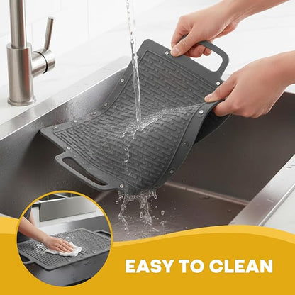 Portable Outdoor Silicone Grill Mat, Foldable Heat-Resistant Table Mat & BBQ Side Shelf Tool Pad with Snap Buttons, Converts into Storage Bag for Utensils and Food, Food-Grade, Non-Slip(Gray)