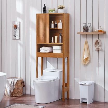 LEYAOYAO Fluted Over The Toilet Storage Cabinet, Farmhouse Over Toilet Bathroom Organizer with a Sliding Door, 68" Tall Tea Brown Freestanding Washer Shelf with Adjustable Shelf & Curved Profile