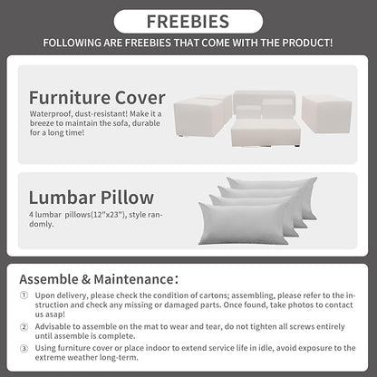 Rattaner 8 PCS Outdoor Furniture Sets 60000BTU 45-Inch Outdoor Propane Fire Pit Table Patio Furniture Set No-Slip Cushions and Waterproof Covers, Light Grey