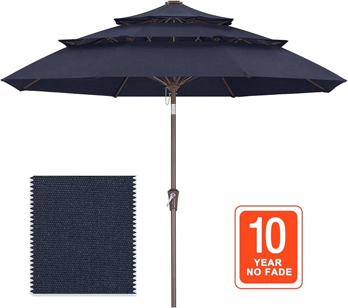ABCCANOPY 9FT 3-Tier Acrylic Patio Umbrella, 10-Year No Fading, Navy Blue | Heavy Duty Fade-Resistance Outdoor Table Umbrella, 8 Sturdy Ribs, Tilt, Crank for Deck, Backyard, Garden, Yard, Pool