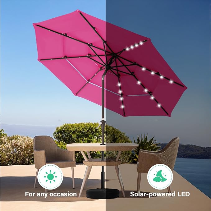 JEAREY 9 ft 3-Tier Outdoor LED Lighted Patio Umbrella w/Crank, Pink | Solar Market Table Umbrella with 8 Sturdy Ribs, UV Protection Waterproof Sunproof for Garden, Deck and Backyard