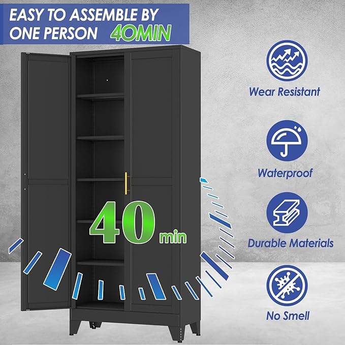 75" Metal Garage Storage Cabinet with 2 Doors and 5 Adjustable Shelves,Metal Storage Cabinets,Steel Tool Cabinets for Home,Office,Garage,Warehouse,Widen (Black, 75''H x 32''W x 16''D-B)