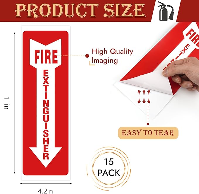 Fire Extinguisher Signs, 15 Pack 4x12 Inch Fire Extinguisher Signs for Home Business, Strong Self Adhesive Safety Sticker Sign, UV Protected, Weather, Indoor & Outdoor