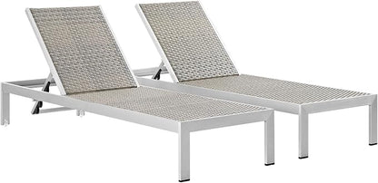 Modway Shore Aluminum Wicker Rattan Outdoor Patio Two Poolside Chaise Lounge Chairs in Silver Gray