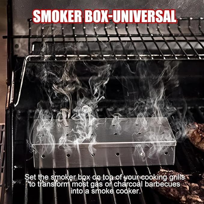 SHIKORI Smoker Box, BBQ Wood Chips Smoker Box for Gas or Charcoal Grills Heavy Duty Stainless Steel Barbecue Smoker Box Grill Accessories(Silver)