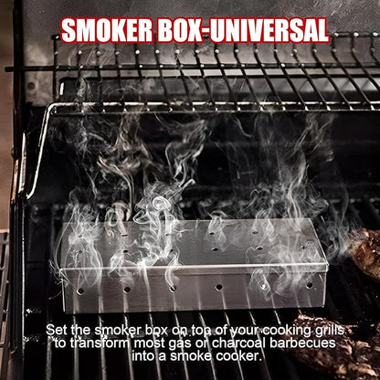 SHIKORI Smoker Box, BBQ Wood Chips Smoker Box for Gas or Charcoal Grills Heavy Duty Stainless Steel Barbecue Smoker Box Grill Accessories(Silver)