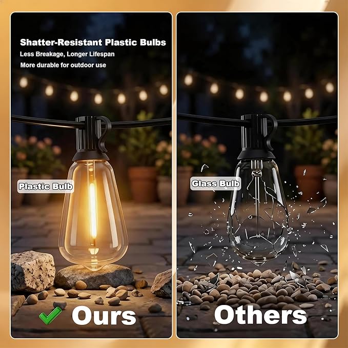 ST38 Outdoor String Lights 65FT, App and Remote, 24V Warm White | 30 ST38 LED bulbs + 1 spare, app and remote control, music sync, dimmable 2700K glow, 30 clips, rain-resistant design