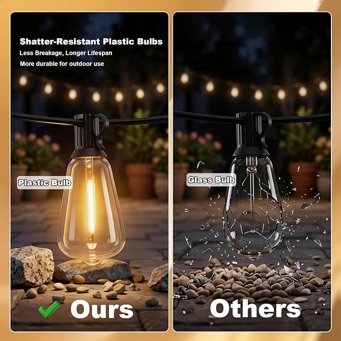 ST38 Outdoor String Lights 100FT, 45 Bulbs, App Remote | 45 LED Bulbs plus 2 Spare; 2700K Warm White; App and Remote; Music Sync; 24V Plug-In; Plastic Bulbs