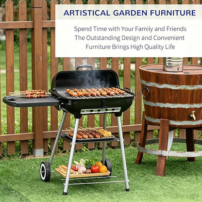 Portable Charcoal Grill with Foldable Side Shelf & Bottom Shelf, BBQ Smoker with Wheels and Adjustable Lid Vents for Picnic, Camping, Backyard Cooking (35" x 23.5"x 32.75")