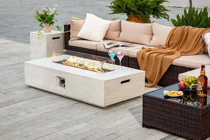 56-inch Rectangle Propane Gas Fire Pit Table, CSA Certified 50,000 BTU Outdoor Fireplace for Backyard, Porch, Garden (White, Fire Pit with Wind Guard&Tank)