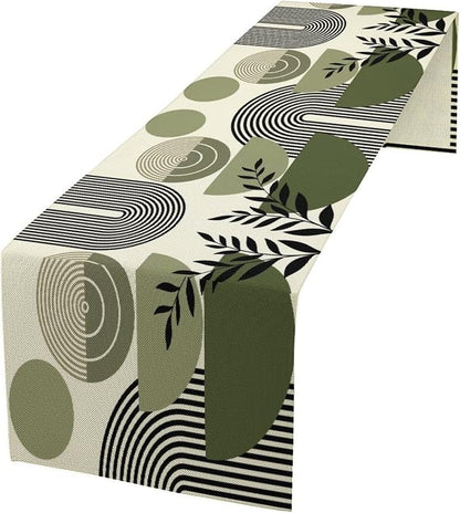 Boho Mid Centruy Table Runner Abstract Sage Green Tropical Leaves Sun Modern Geometric Arch Botanical Dinner Runner for Farmhouse Cabin Home Kitchen Dining Holiday Party Decor 13x70in