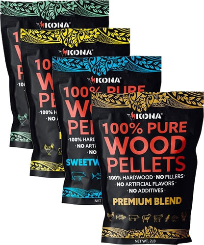 Kona All-Purpose Wood Pellets Variety Pack, Intended for Ninja Woodfire Outdoor Grill, Hickory, Oak, Premium Blend & Sweetwood Blend, 4, 2 lb Resealable Bags