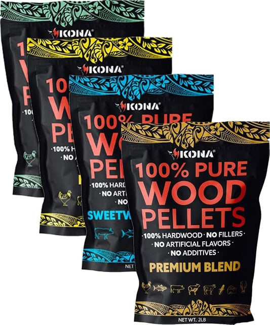 Kona All-Purpose Wood Pellets Variety Pack, Intended for Ninja Woodfire Outdoor Grill, Hickory, Oak, Premium Blend & Sweetwood Blend, 4, 2 lb Resealable Bags