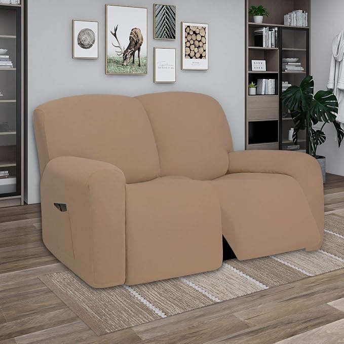 PureFit Super Stretch Loveseat Recliner Sofa Couch Cover with Pocket | 2 Seats Non Slip Soft Sofa Slipcover, Washable Reclining Furniture Protector for Kids, Pets (Recliner Loveseat, Camel)