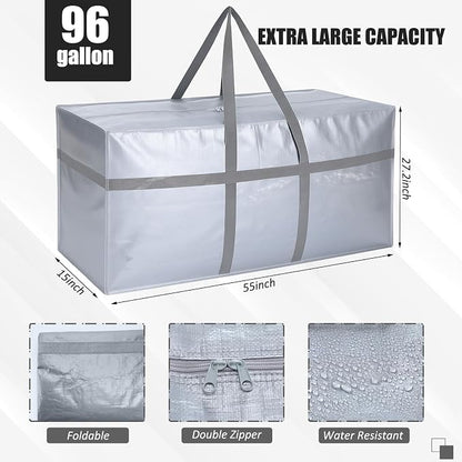 4 Pcs 96 Gallon Extra Large Moving Bags Heavy Duty Storage Bag with Strong Zipper Handle Foldable XXL Jumbo Storage Tote Packing Moving Box for College Dorm Travel Cloth Duffle (Silver)