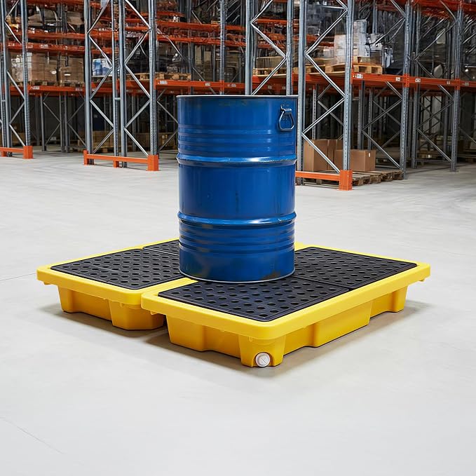 2 Pcs Spill Containment Pallet, 2-Drum Plastic Platform with Drain Outlet, 2000Lbs Load 26”x14”x4.7”, Leakproof Stackable Tray for Garage/Kitchen/Basement/Industrial Storage
