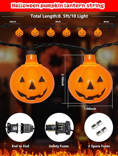 Halloween Decorations Pumpkin String Lights Outdoor, 8.5Ft Halloween Lights with 10 LED Waterproof Orange Jack-O-Lantern, Hanging Pumpkin String Lights UL Listed for Party Porch Home Window Decor