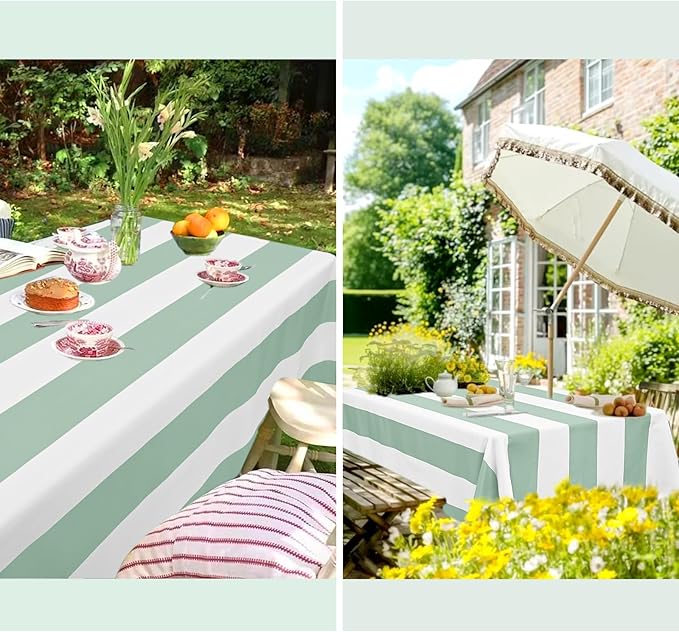 6 Pack Green and White Striped Tablecloth Rectangle 60x84inch Polyester Fabric Washable Table Cloth for Afternoon Tea Table Birthday Party Picnic Barbecue Gathering Indoor Outdoor Dining Decor