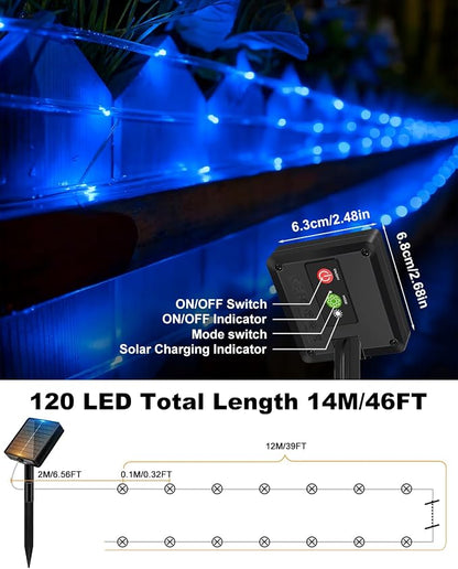 btfarm 2 Pack Solar Rope Lights Outdoor, Total 92FT 240LED Solar String Lights Outside Waterproof, 8 Lighting Mode Solar Powered Trampoline Light for Garden Tree Christmas Yard Party Decor, Blue
