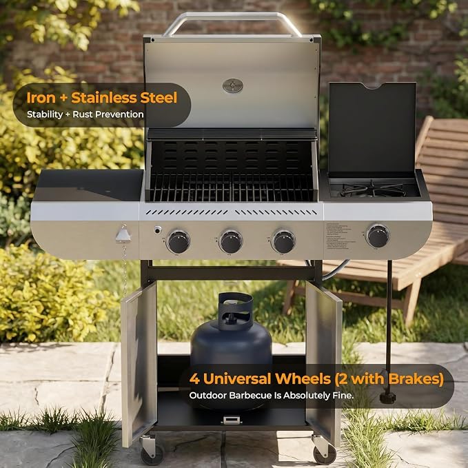 COWSAR 3-Burner Propane Gas Grill with Side Burner, 34,000 BTU Stainless Steel BBQ Grill, Porcelain-Enameled Cast Iron Grates, Outdoor Barbecue Grill for Patio & Garden