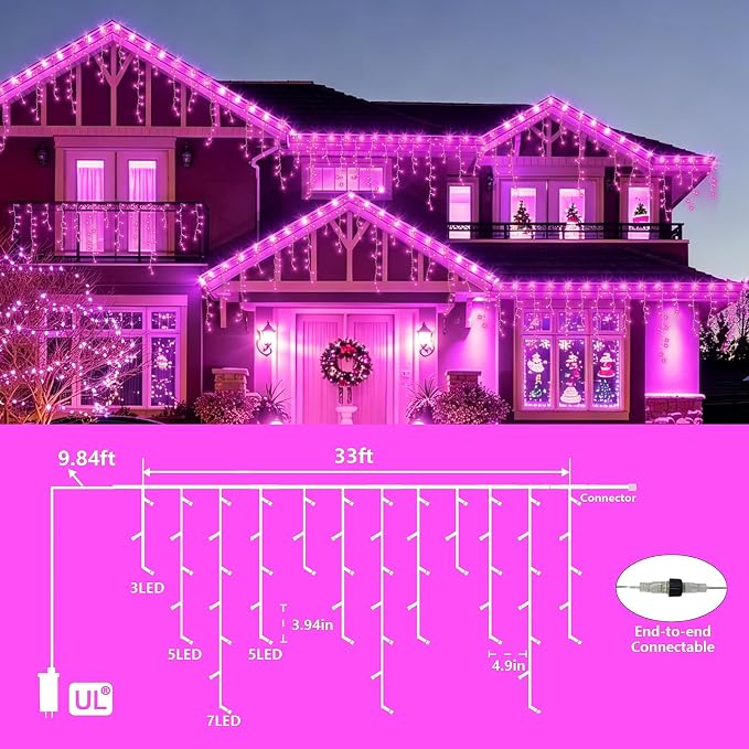 YEGUO 33ft 400 LED Pink Icicle Lights, 80 Drops Icicle Lights for Outside Connectable, 8 Modes String Christmas Light with Memory Timer