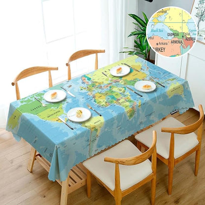 Swono World Map 52"X70" Oblong Table Cloth Earth World Map with Countries Oceans Lakes Wrinkle Free Table Cover Farmhouse Tablecloth for Home Restaurant Picnic Indoor Outdoor Dining