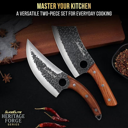 SliceElite 2PCS Hand-Forged Butcher Knife Set | Cleaver & Viking Knives for Meat Cutting | Professional Chef Knife Gift Box, Perfect BBQ Tool for Men